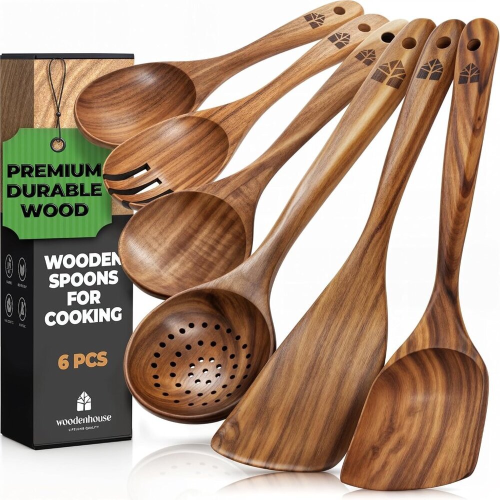 Wooden Spoons for Cooking – Wooden Kitchen Utensils Set, 6 Pcs Teak Wood Utensil